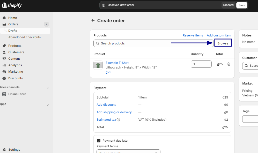 Choose existing products by clicking on the Browse button.
